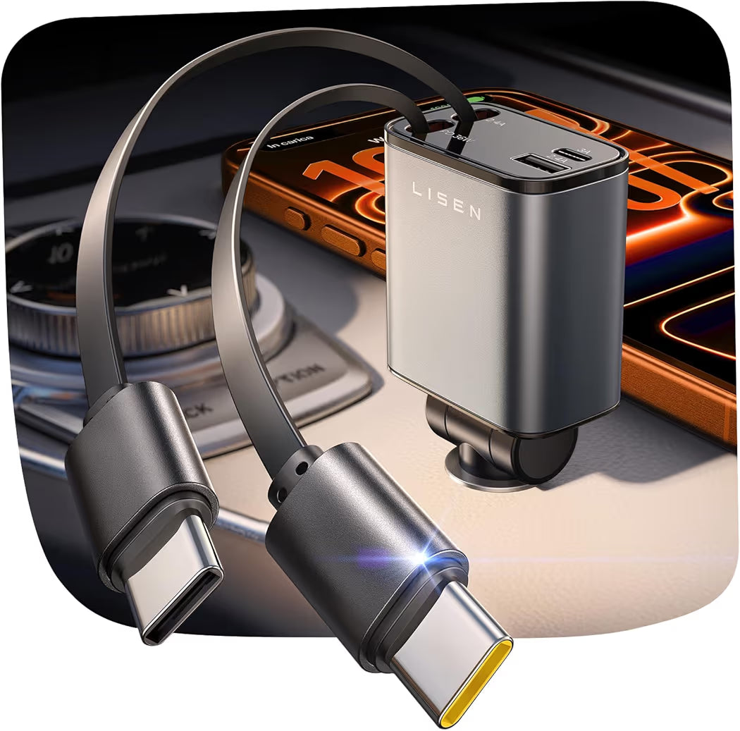 LISEN 4-in-1 Retractable Car Charger 69W/96W Fast Charging USB-C + USB-A Car Adapter with Dual Retractable Cables for iPhone & Android