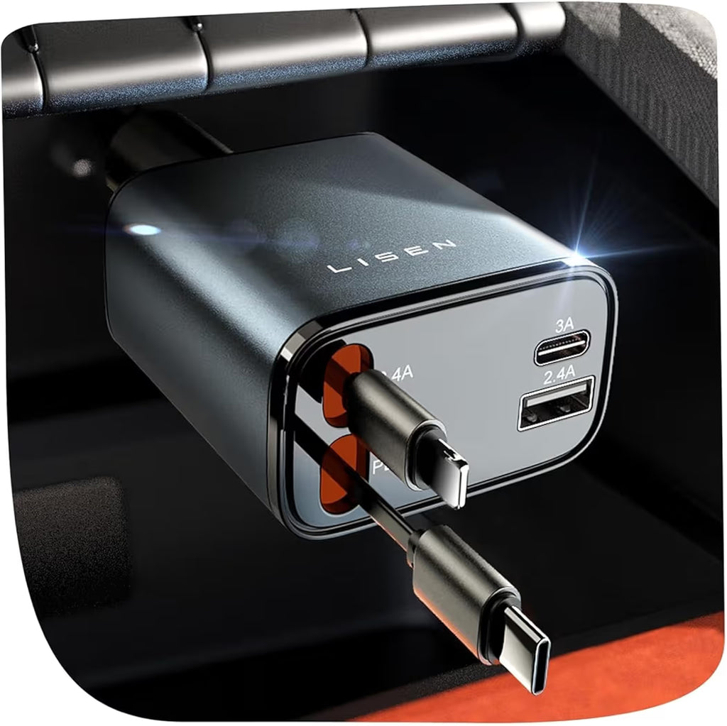 LISEN 4-in-1 Retractable Car Charger 69W/96W Fast Charging USB-C + USB-A Car Adapter with Dual Retractable Cables for iPhone & Android