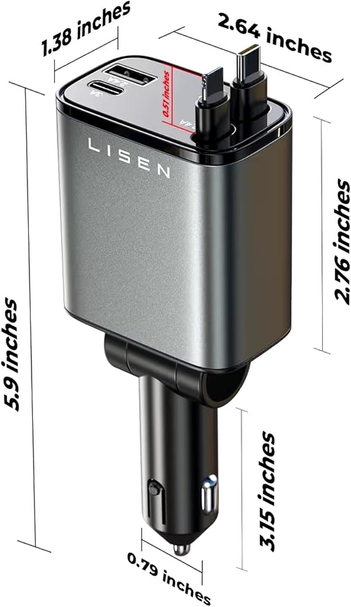 LISEN 4-in-1 Retractable Car Charger 69W/96W Fast Charging USB-C + USB-A Car Adapter with Dual Retractable Cables for iPhone & Android