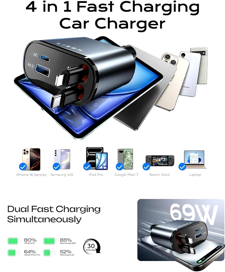 LISEN 4-in-1 Retractable Car Charger 69W/96W Fast Charging USB-C + USB-A Car Adapter with Dual Retractable Cables for iPhone & Android